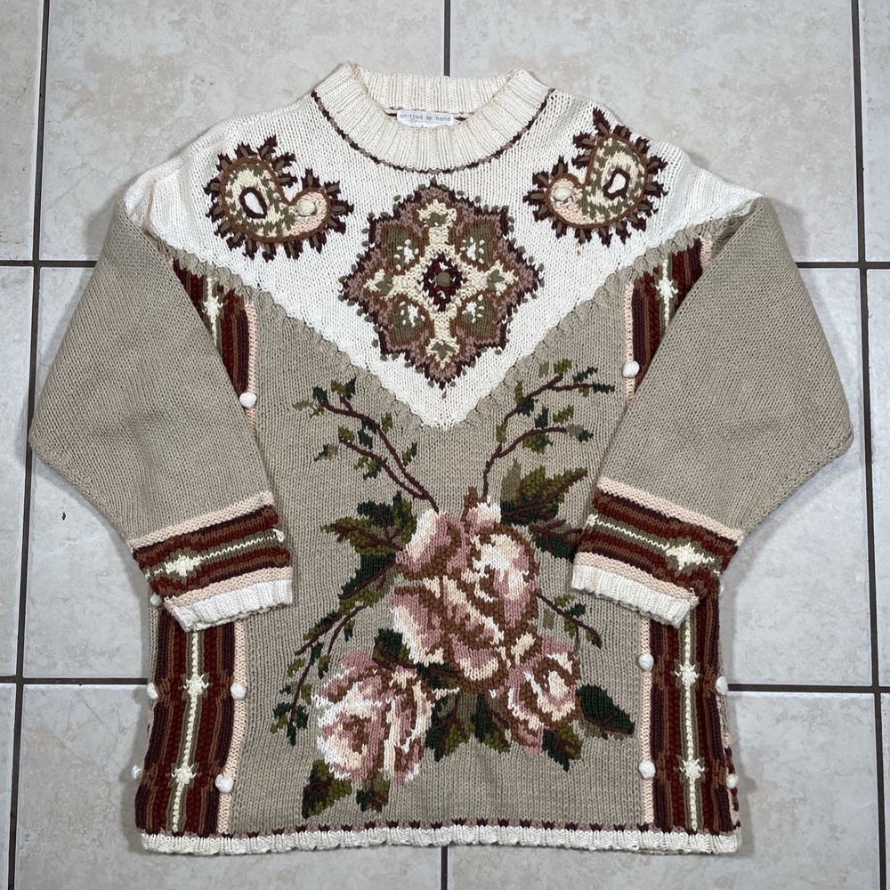Jennifer Reed Sweater Womens Medium Hand Knit Floral 3D Granny 90s Cottagecore